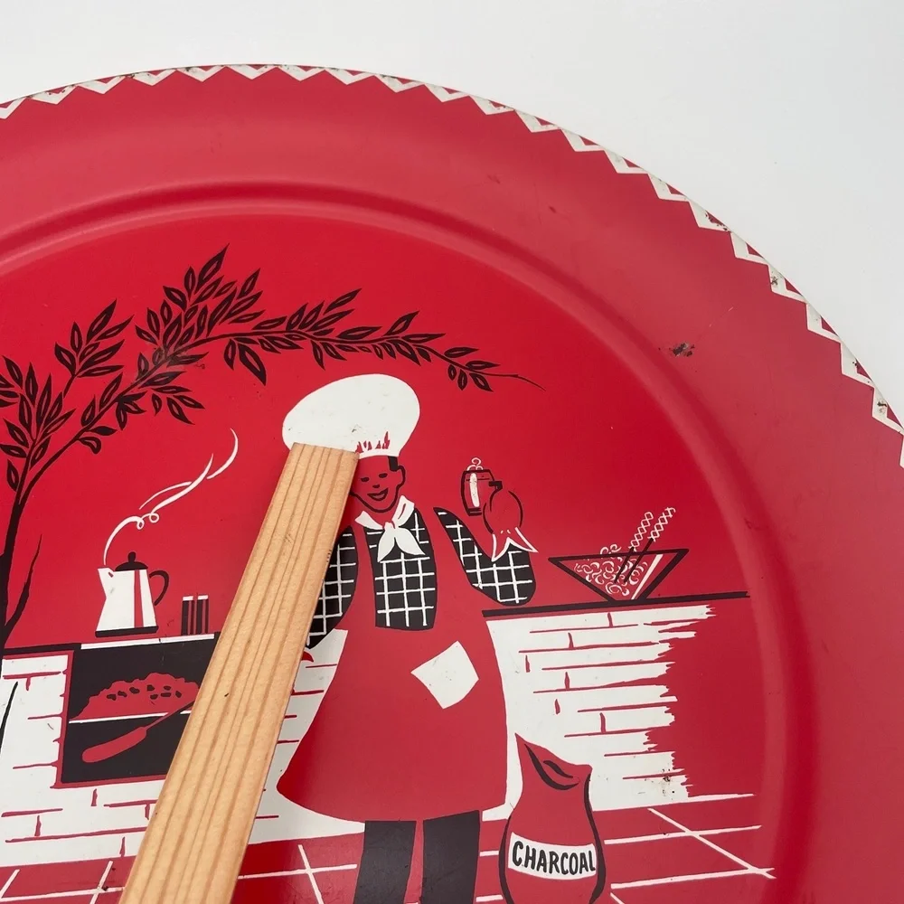 Stoyke BBQ Chef Red Round Metal Chef Pizza Pan Grill Vintage MCM‎ 1950s Tray